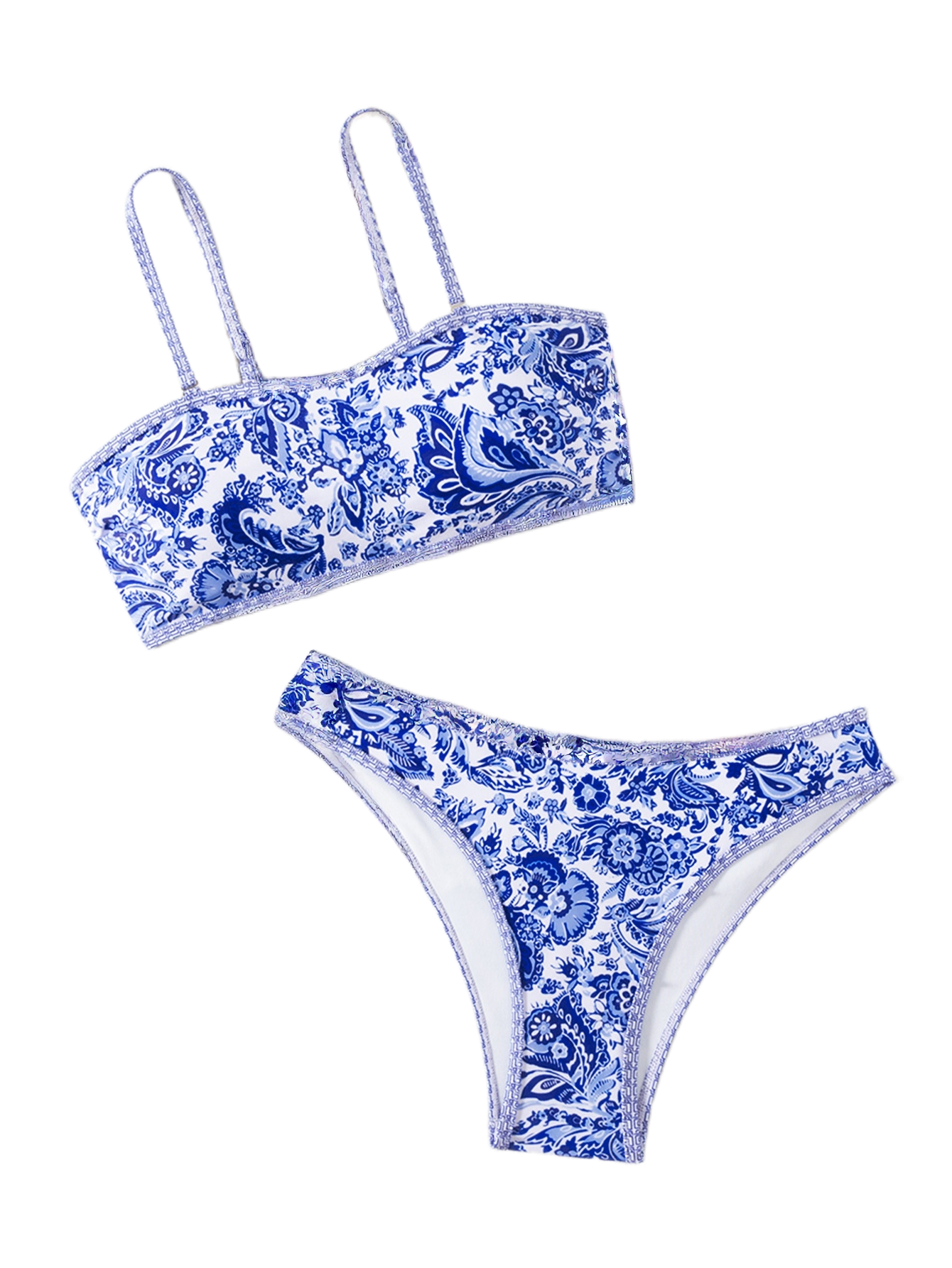 Blue Floral Porcelain Pattern Bandeau Bikini Top surf set