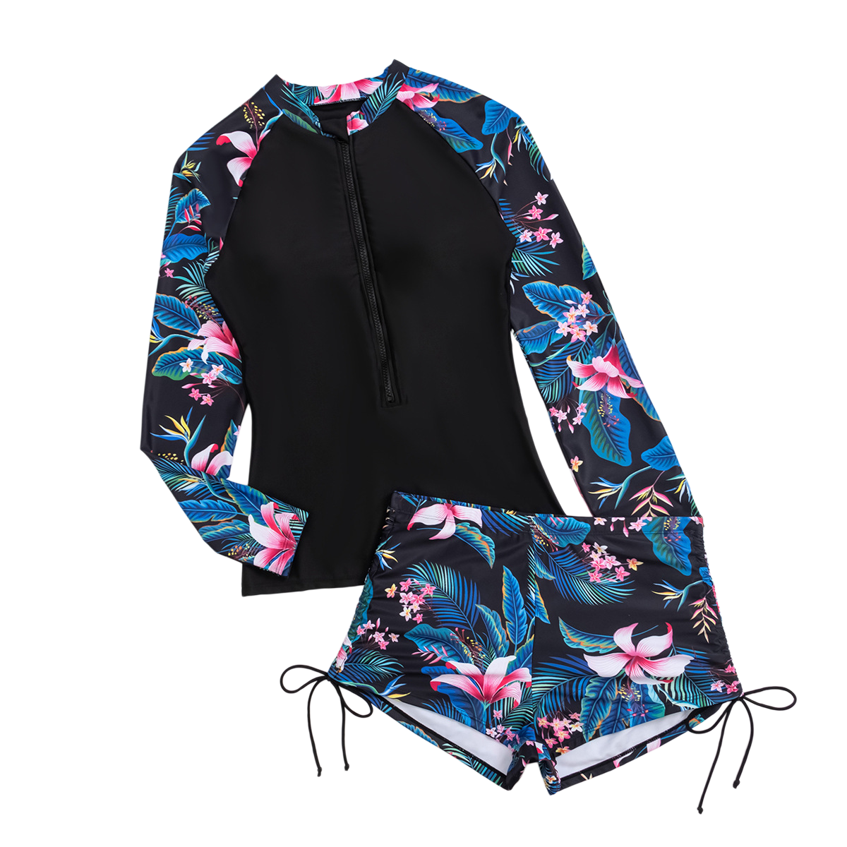 Tropical floral print patchwork Rash Guard & Surf boxer Set