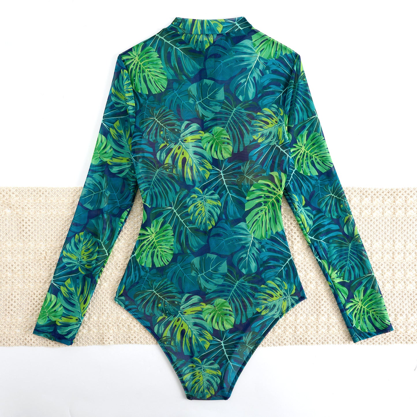 Tropical Monstera Sheer mesh swimsuit Long-sleeve One-Piece Surf Rashguard