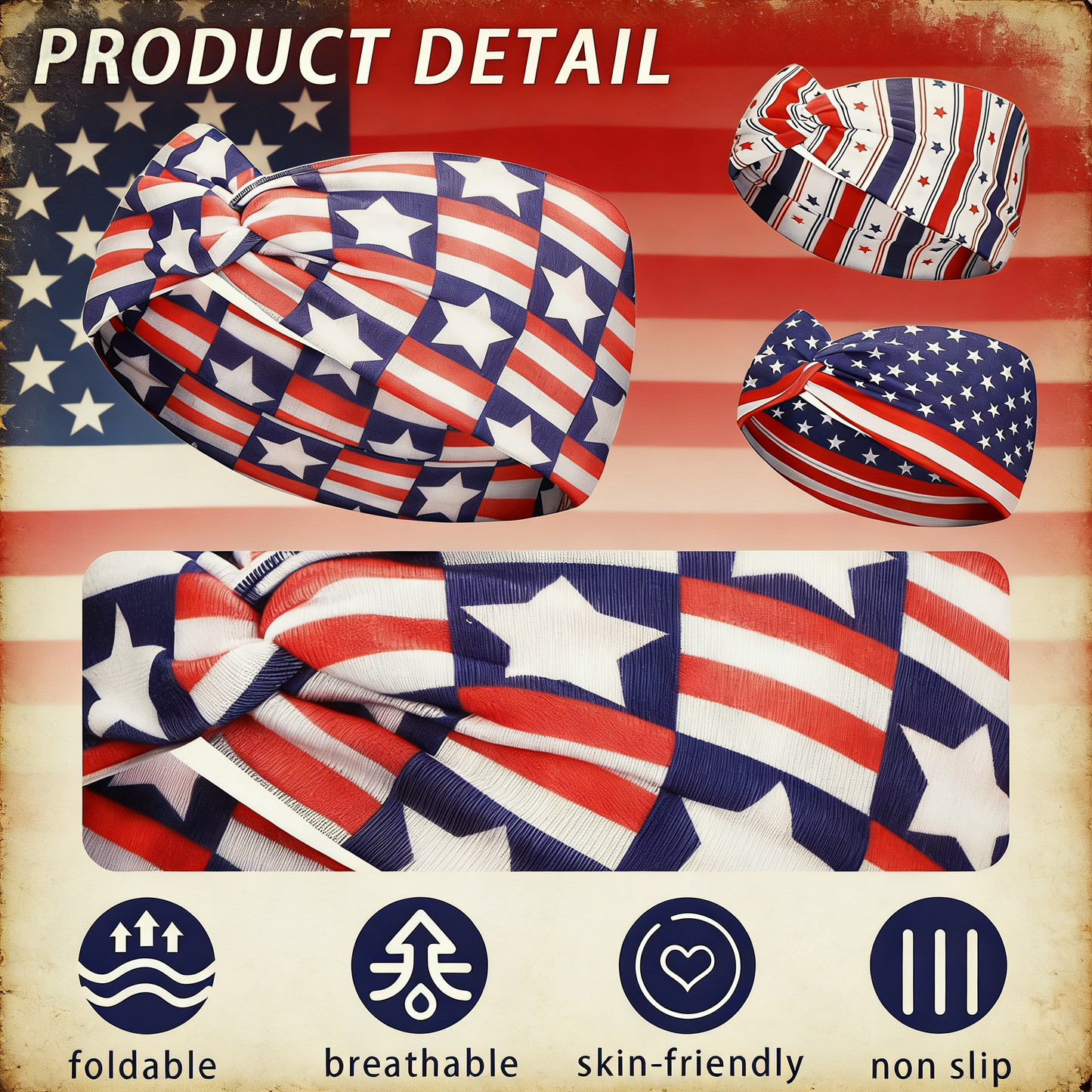 American Flag 4th of July Vintage Knotted Sports Headband