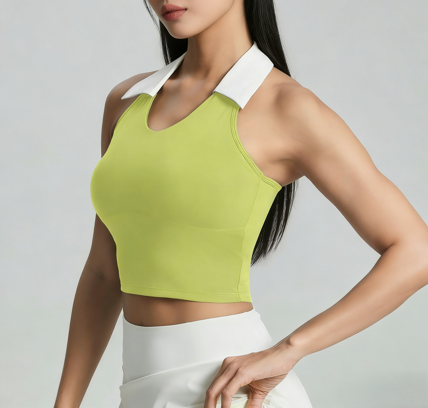 Fashion-Forward Color-Block Polo Neck Sports Top with Flattering Back Design