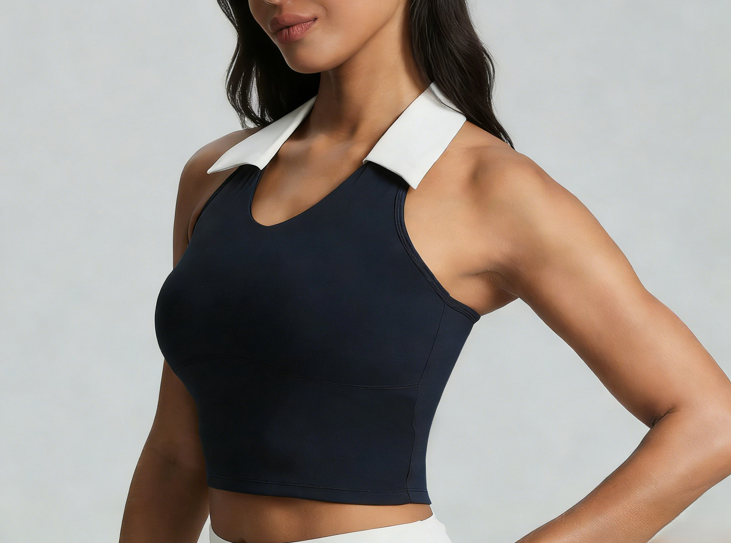 Fashion-Forward Color-Block Polo Neck Sports Top with Flattering Back Design