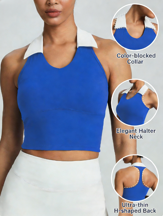 Fashion-Forward Color-Block Polo Neck Sports Top with Flattering Back Design