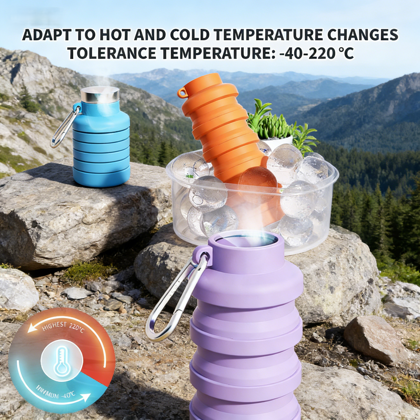 Silicone Sports Portable Collapsible Water Bottles with carabiner