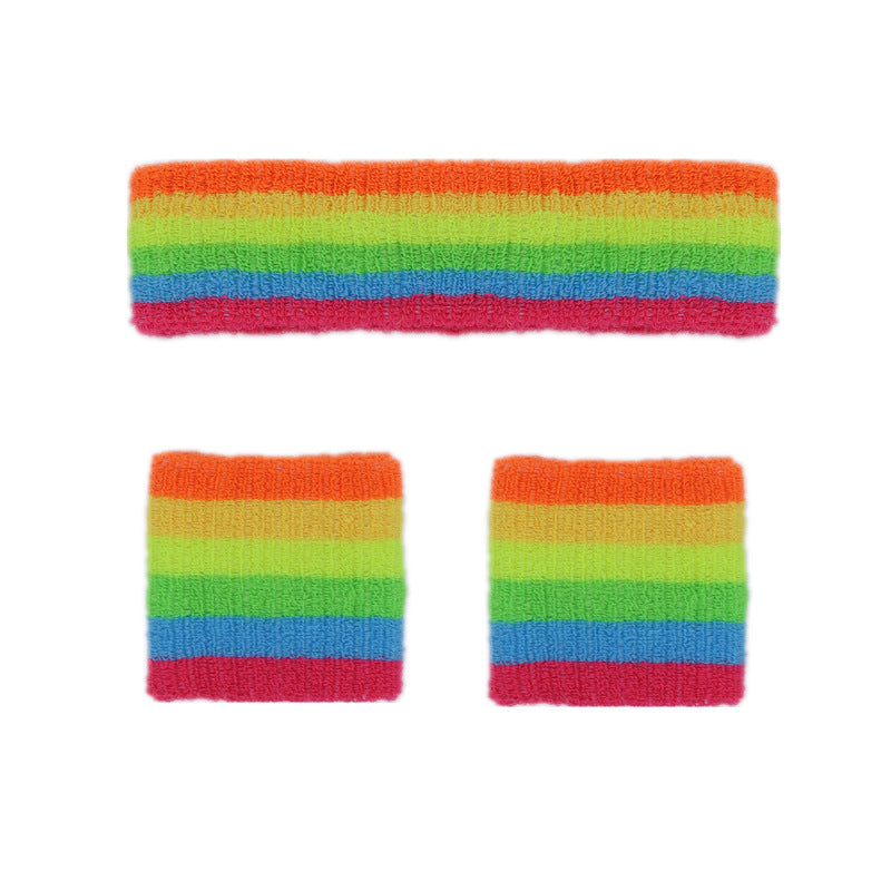 Rainbow Stripe Sports Headband Wristband Set for Workout