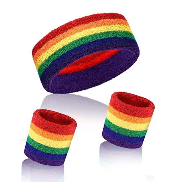Rainbow Stripe Sports Headband Wristband Set for Workout