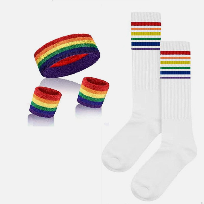 Colorful Rainbow Sports Striped Headband, Wristbands socks Set