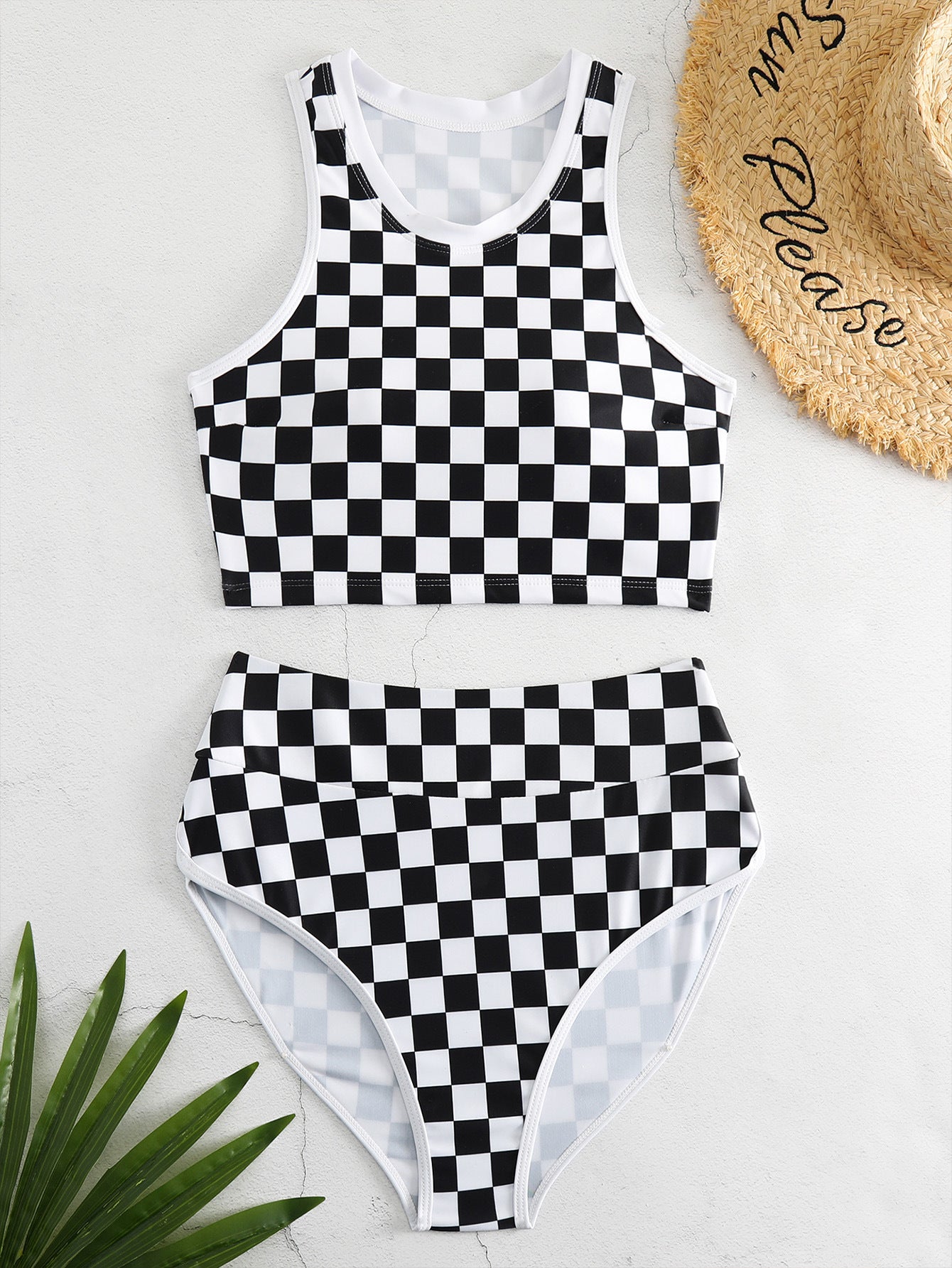 Vintage Beach Look Black checkered surf tank & High-Waisted Surf Bottoms Set