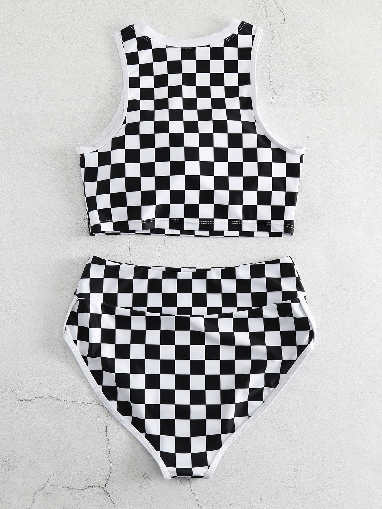 Vintage Beach Look Black checkered surf tank & High-Waisted Surf Bottoms Set