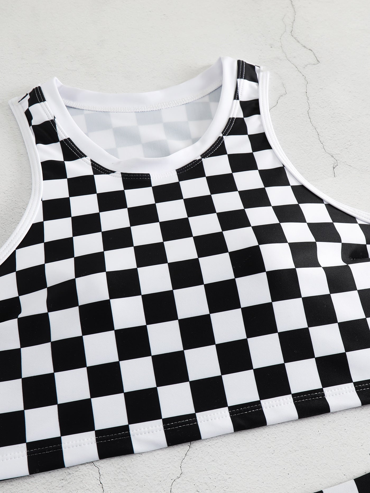 Vintage Beach Look Black checkered surf tank & High-Waisted Surf Bottoms Set