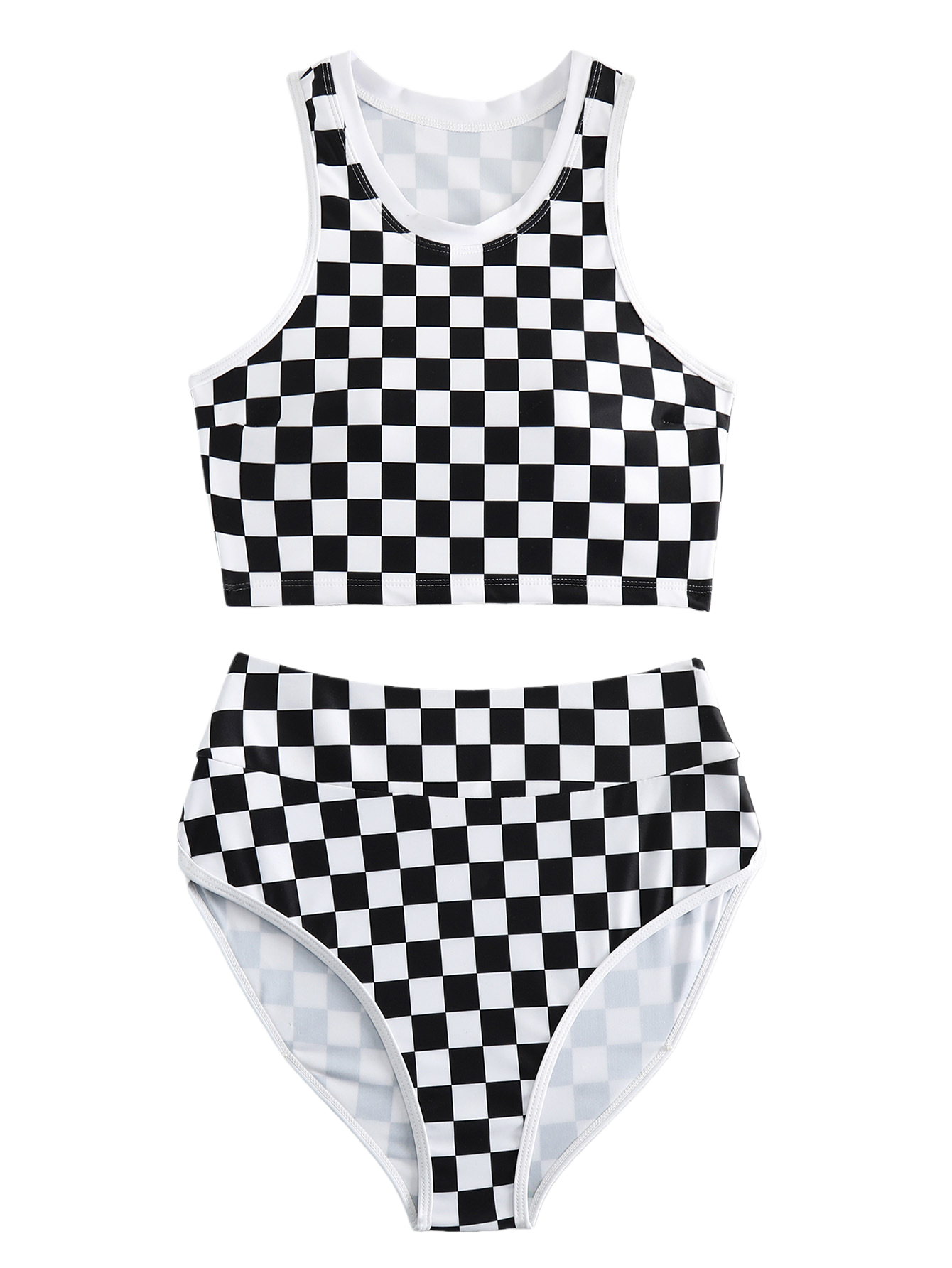 Vintage Beach Look Black checkered surf tank & High-Waisted Surf Bottoms Set