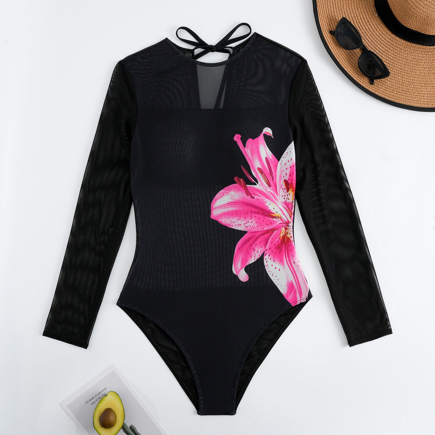 Vivid Lily Floral Long-sleeve One-Piece Sheer mesh Surf Rashguard
