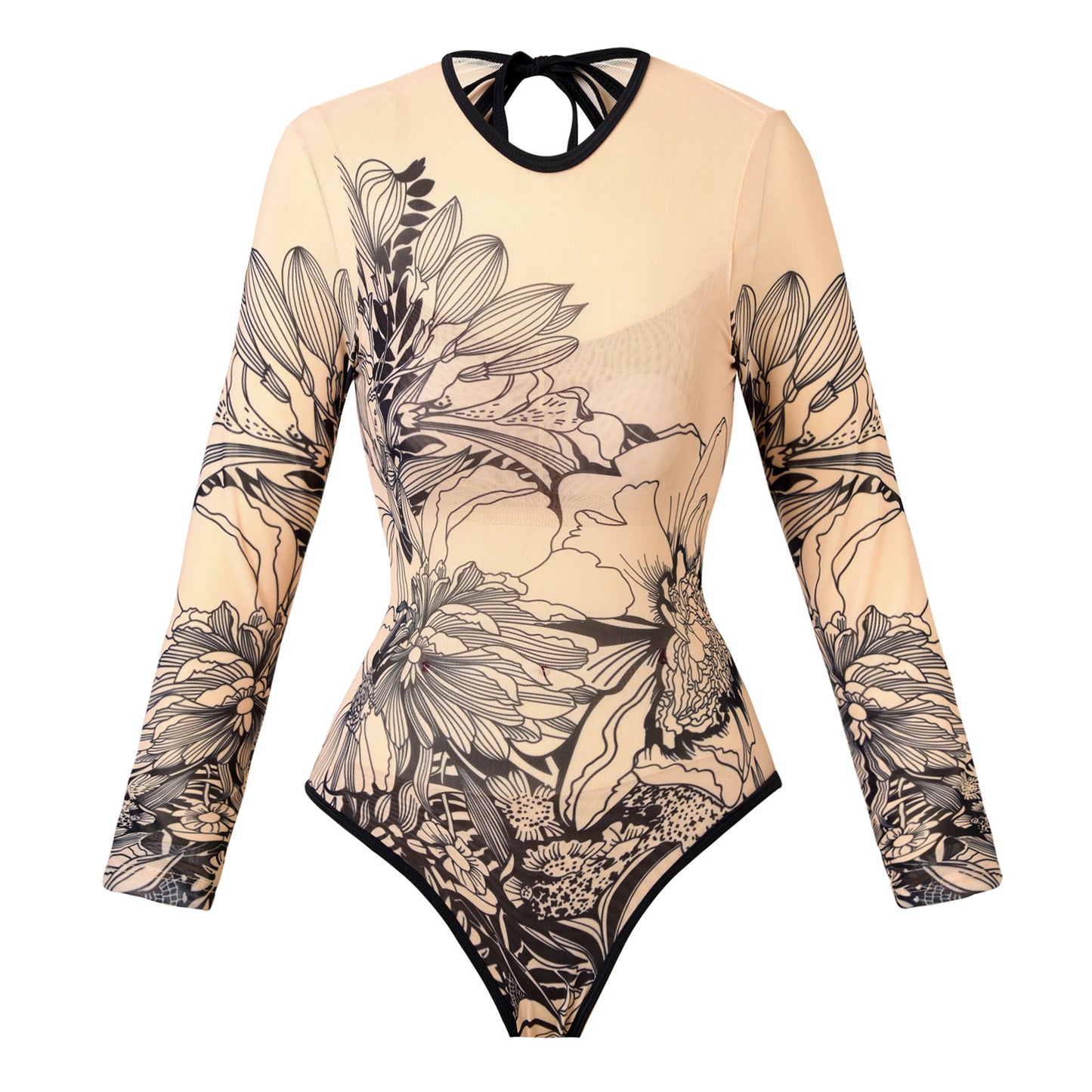 Floral print lightweight Sheer mesh cover-up Long-sleeve One-Piece Surf Rashguard