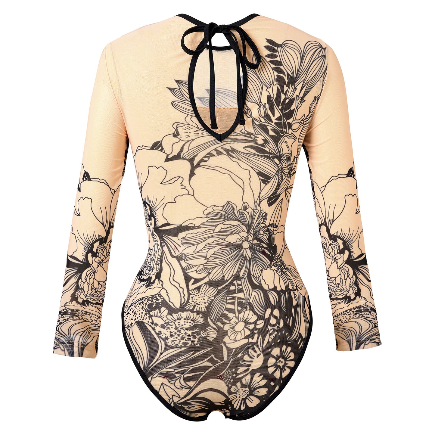 Floral print lightweight Sheer mesh cover-up Long-sleeve One-Piece Surf Rashguard