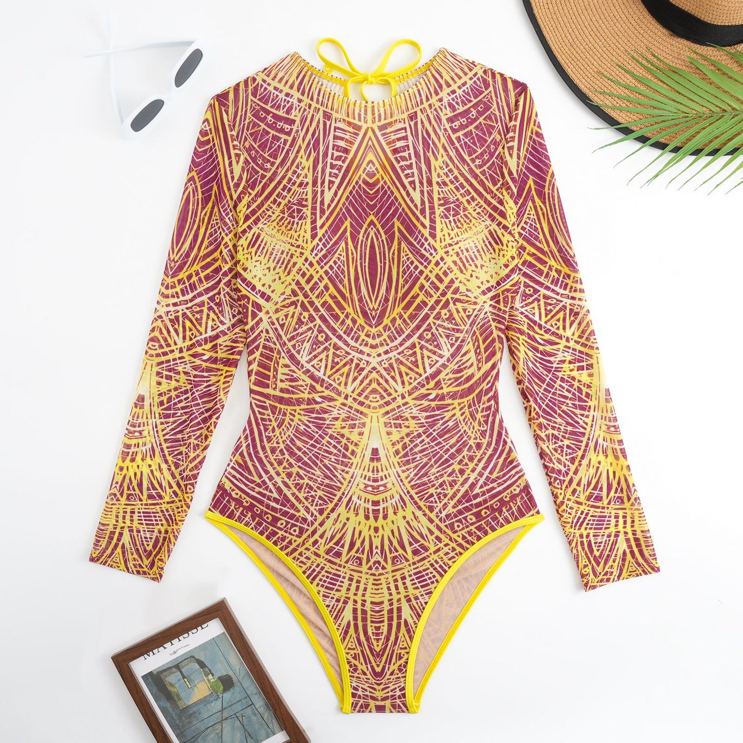 Mandala Totem lightweight Sheer mesh cover-up Long-sleeve One-Piece Surf Rashguard