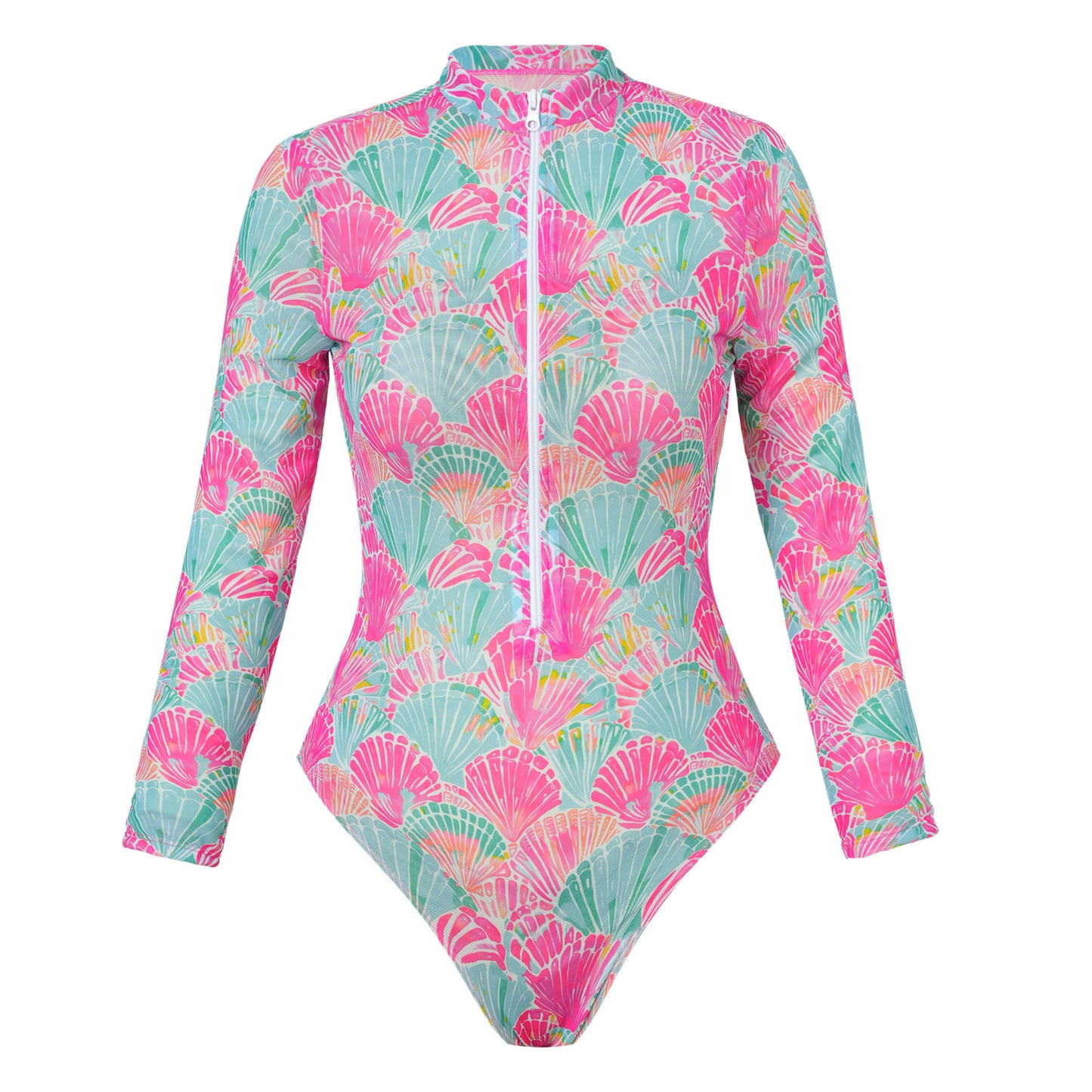 Ocean scallops Long-sleeve One-Piece Surf Rashguard Sheer mesh cover-up
