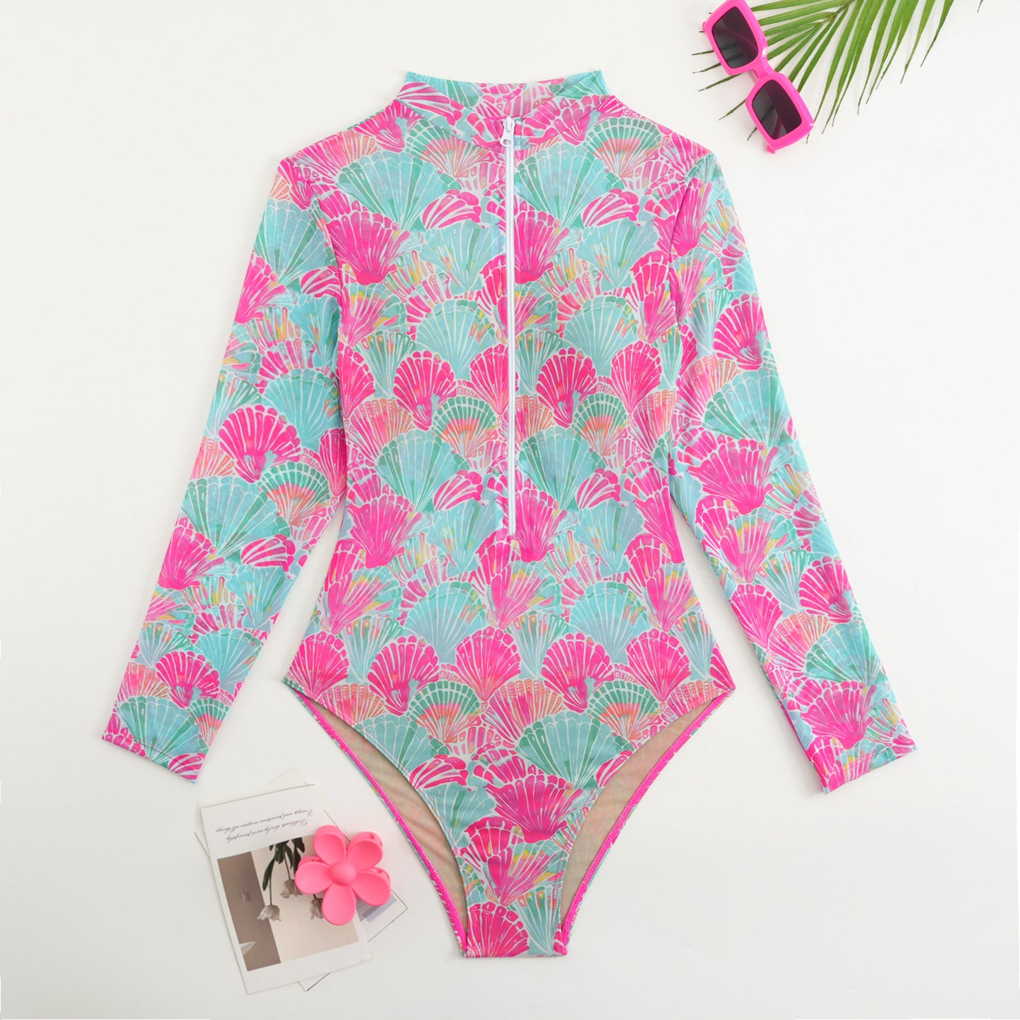 Ocean scallops Long-sleeve One-Piece Surf Rashguard Sheer mesh cover-up