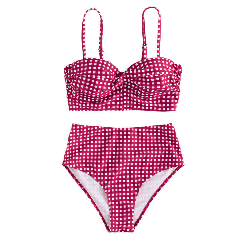 Gingham print longline surf top & High-Waisted Surf Bottoms Set