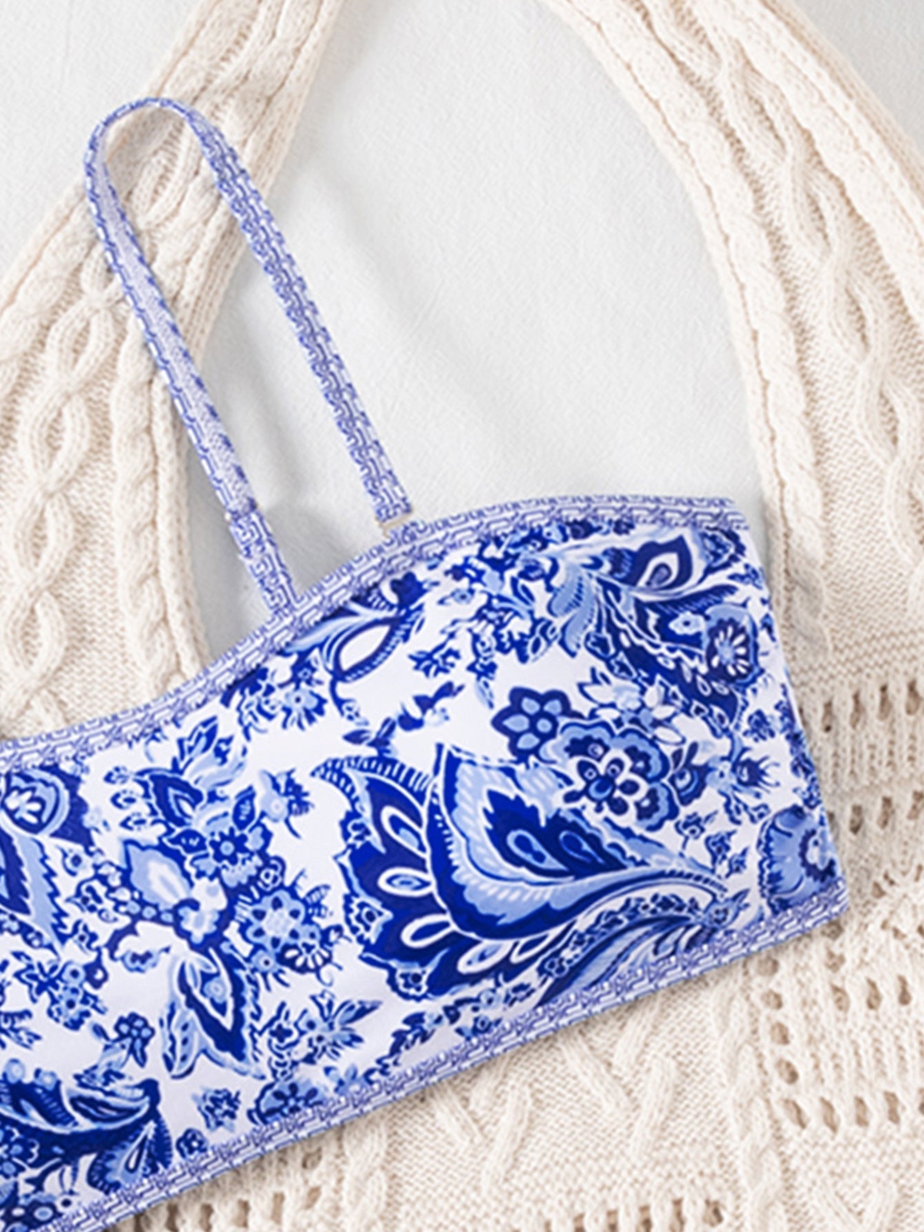 Blue Floral Porcelain Pattern Bandeau Bikini Top surf set