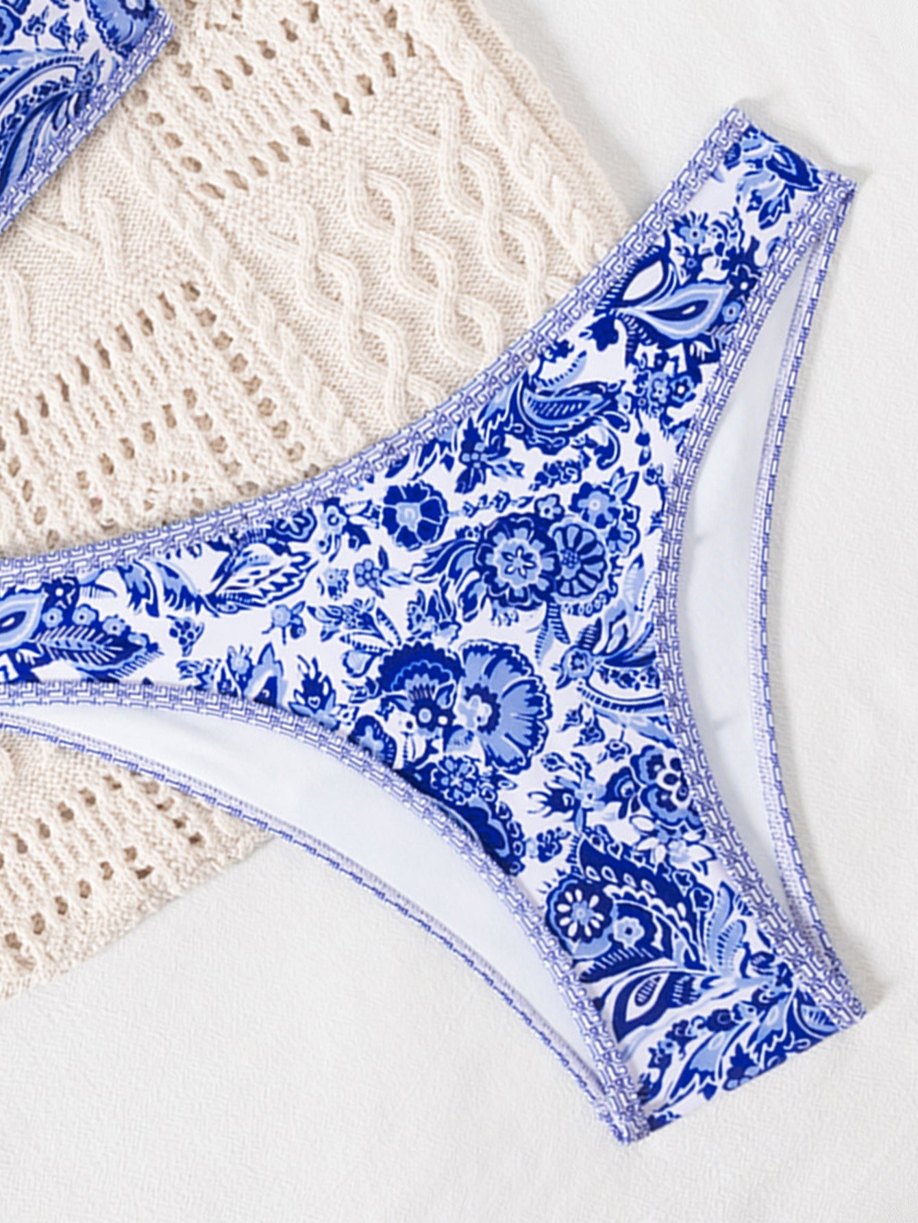 Blue Floral Porcelain Pattern Bandeau Bikini Top surf set