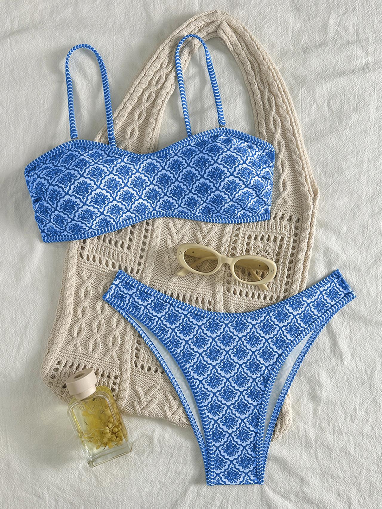 Beach Day Floral Pattern Bandeau Bikini Top surf set
