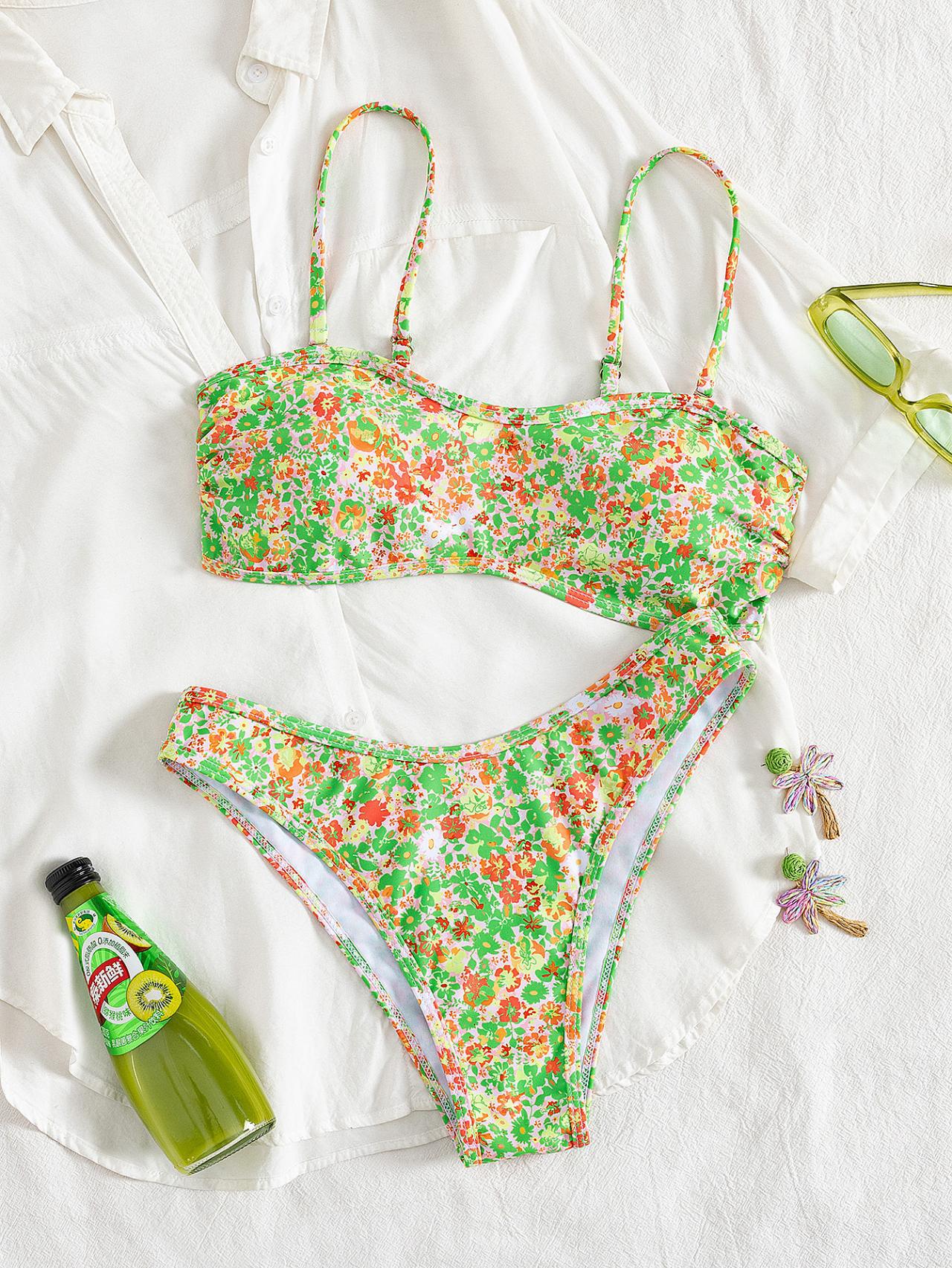 Hawaiian Hibiscus Floral Pattern Bandeau Bikini Top surf set