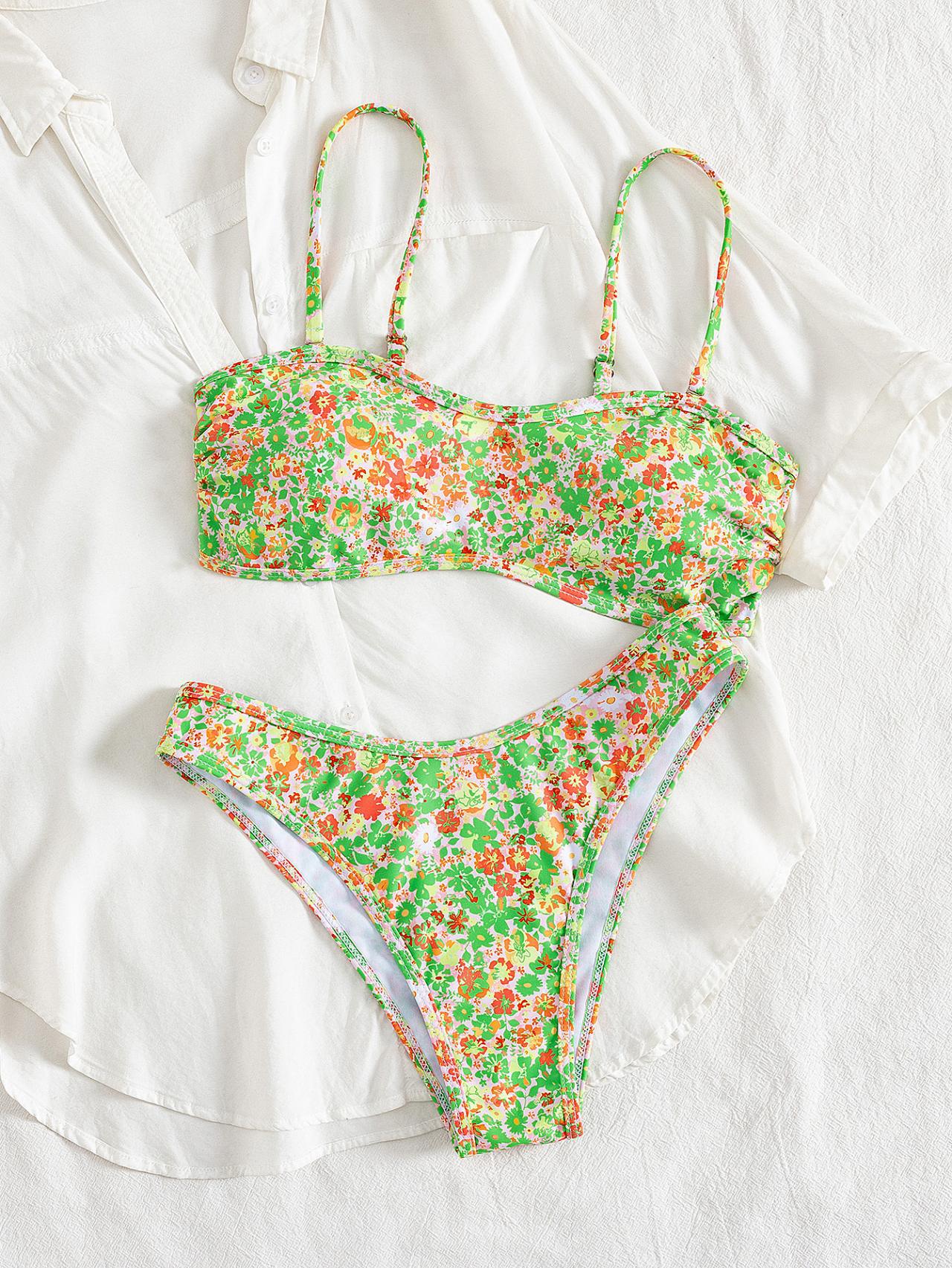 Hawaiian Hibiscus Floral Pattern Bandeau Bikini Top surf set