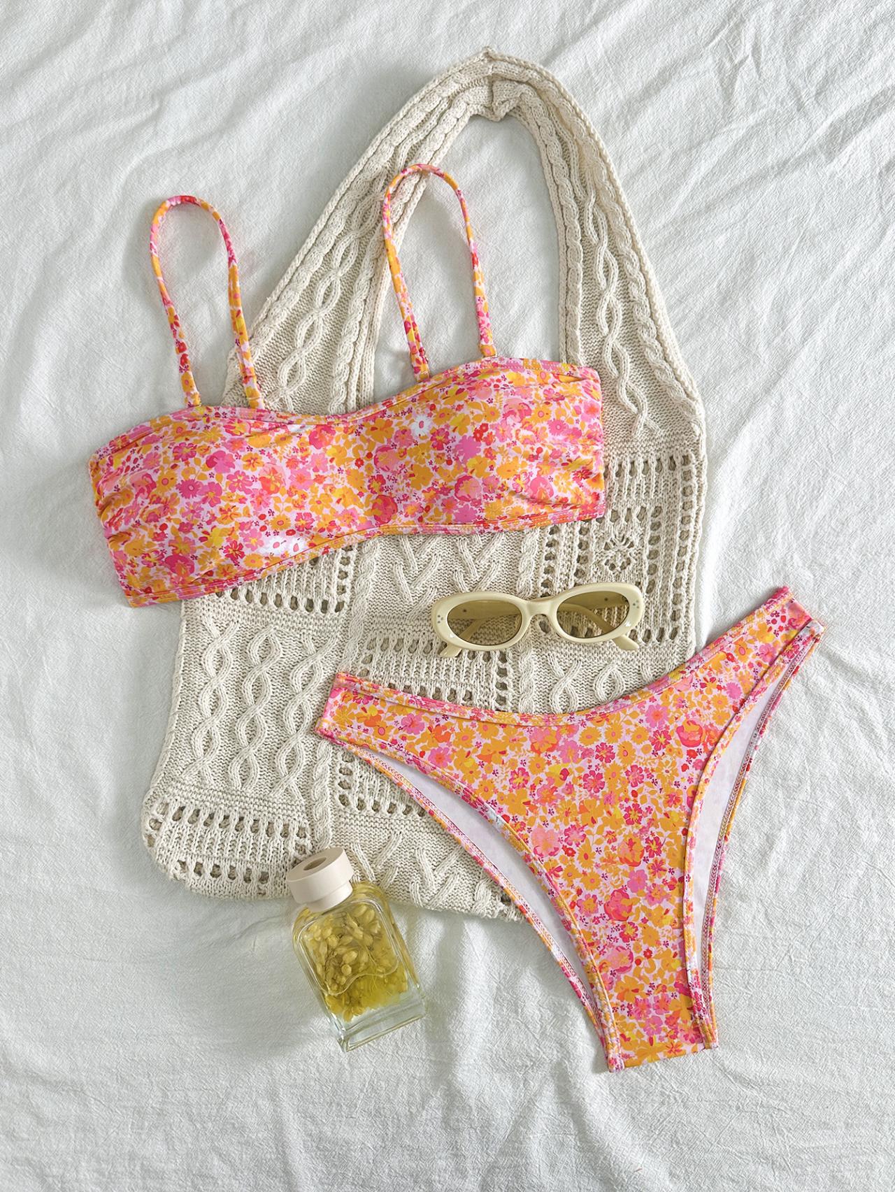 Hawaiian Hibiscus Floral Pattern Bandeau Bikini Top surf set