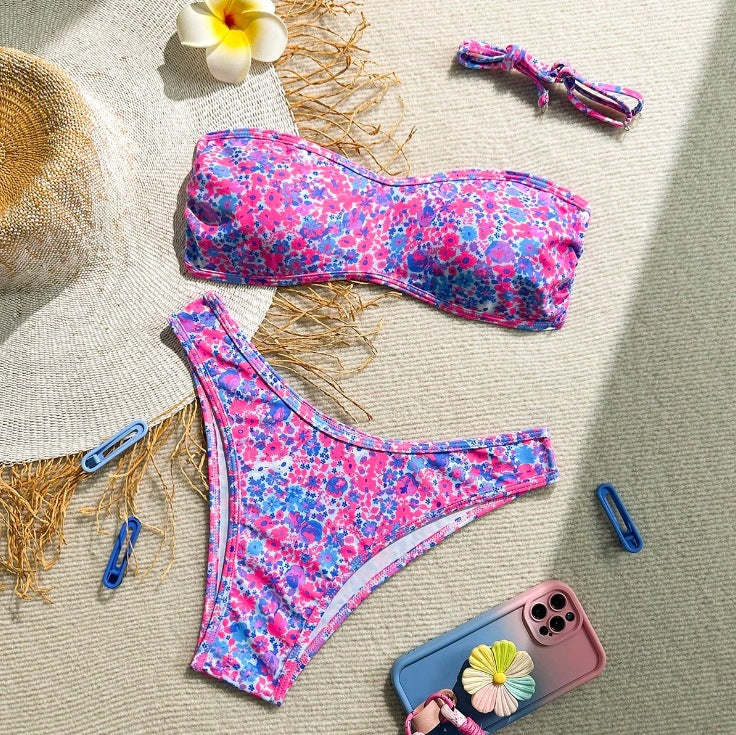 Breeze Hawaiian vacation Floral Pattern Bandeau Bikini Top surf set