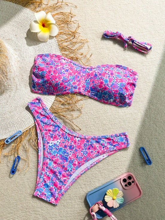 Breeze Hawaiian vacation Floral Pattern Bandeau Bikini Top surf set