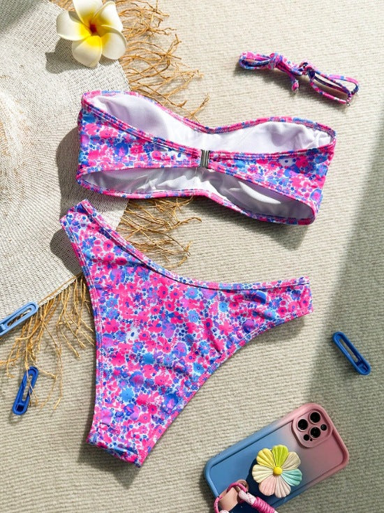 Breeze Hawaiian vacation Floral Pattern Bandeau Bikini Top surf set