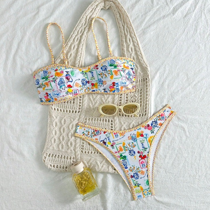 Breeze Hawaiian vacation Floral Pattern Bandeau Bikini Top surf set