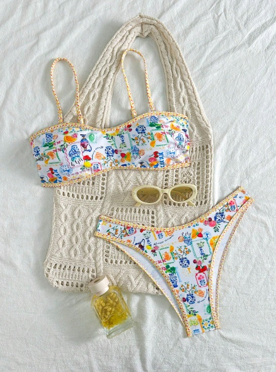 Breeze Hawaiian vacation Floral Pattern Bandeau Bikini Top surf set