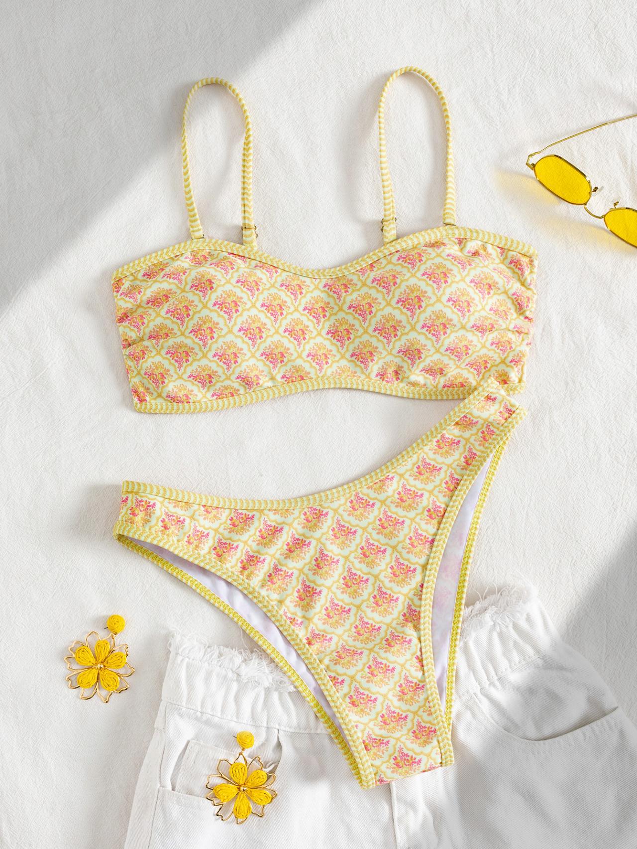 Breeze Hawaiian vacation Floral Pattern Bandeau Bikini Top surf set
