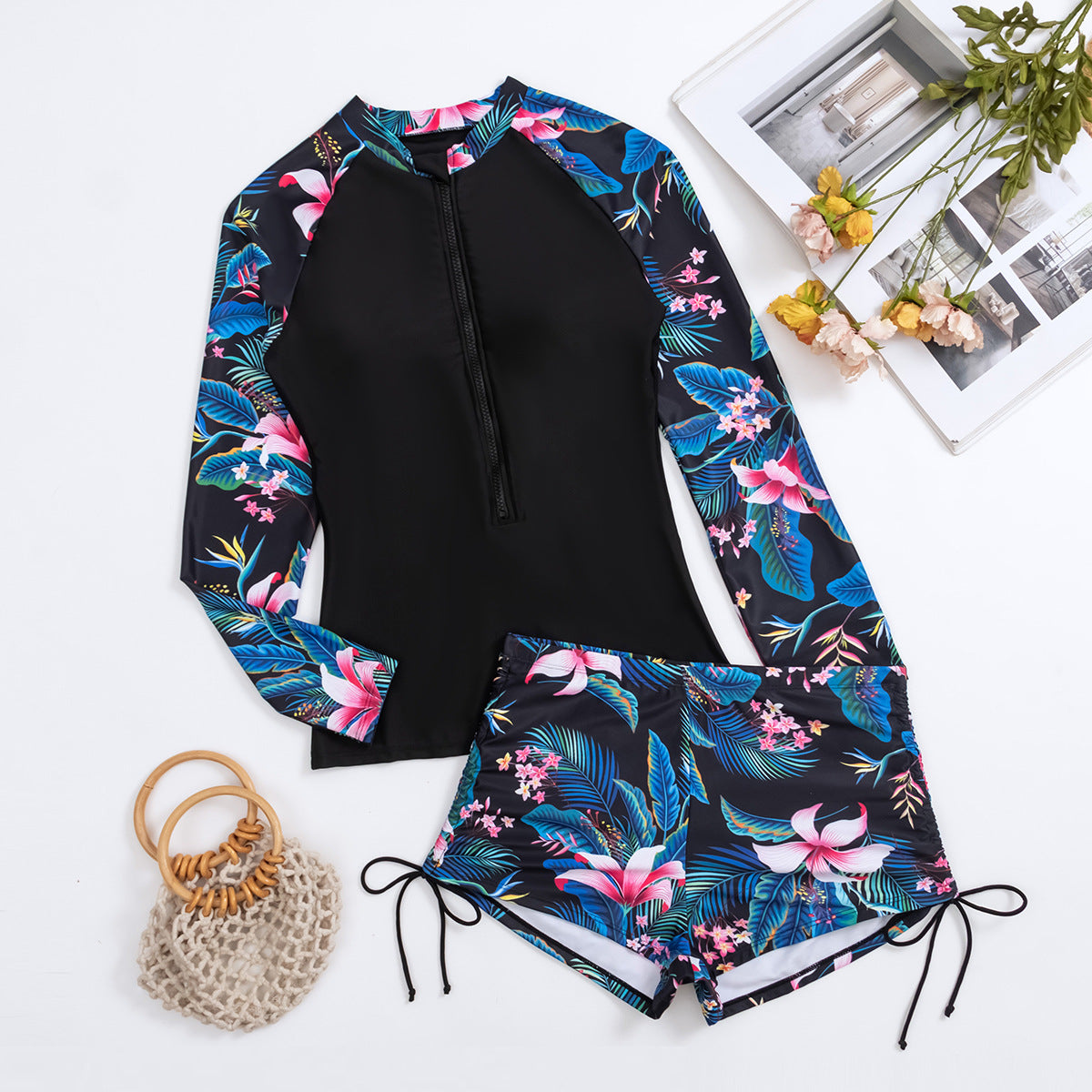 Tropical floral print patchwork Rash Guard & Surf boxer Set