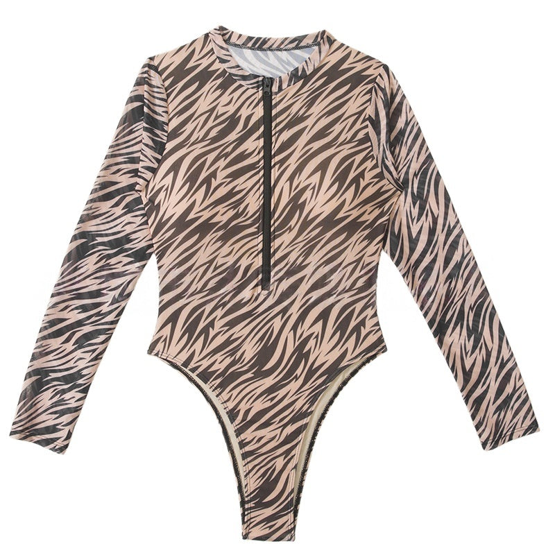 Punk street pattern zip front long sleeve high cut Surf suit