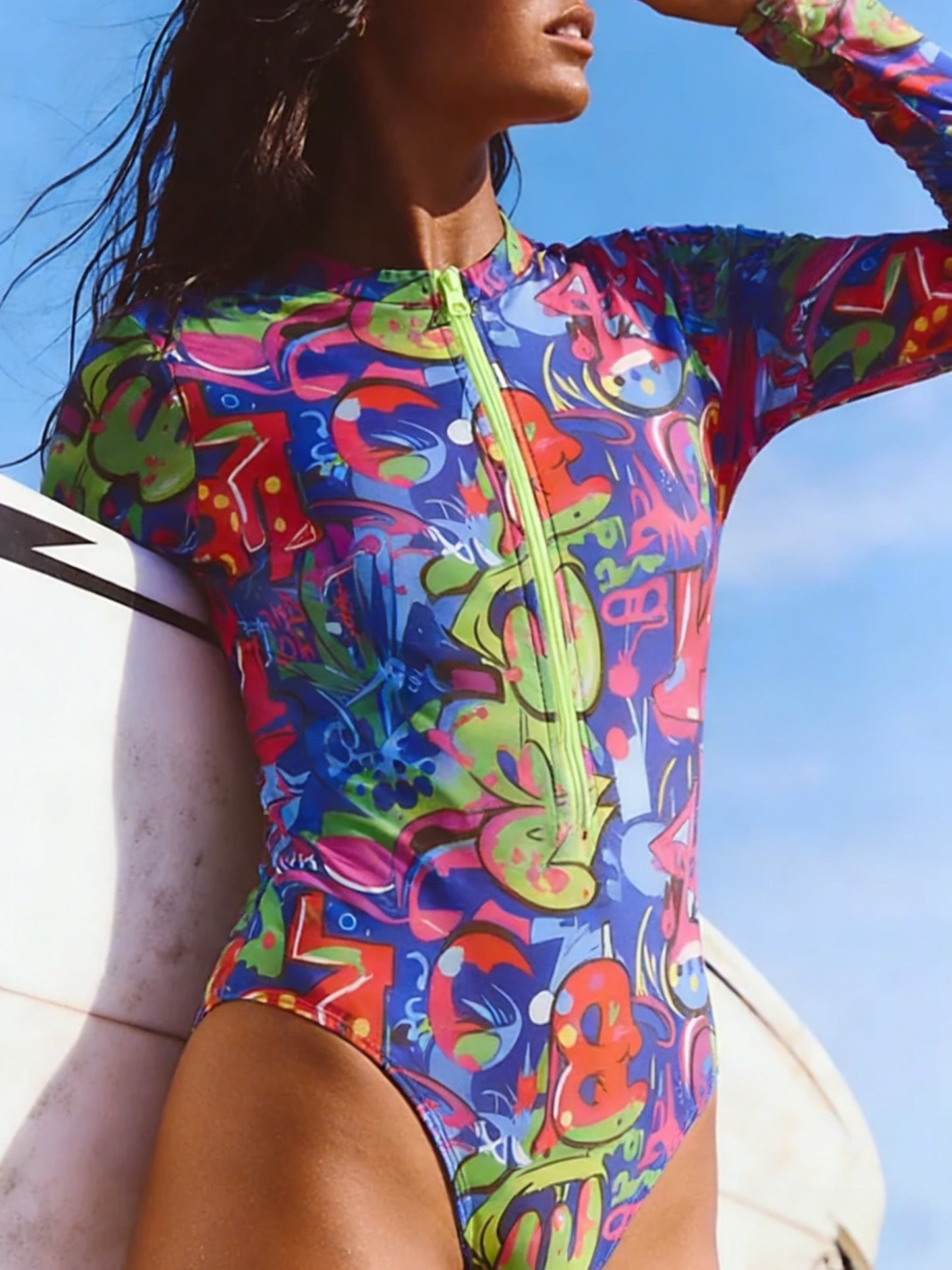 Punk street pattern zip front long sleeve high cut Surf suit