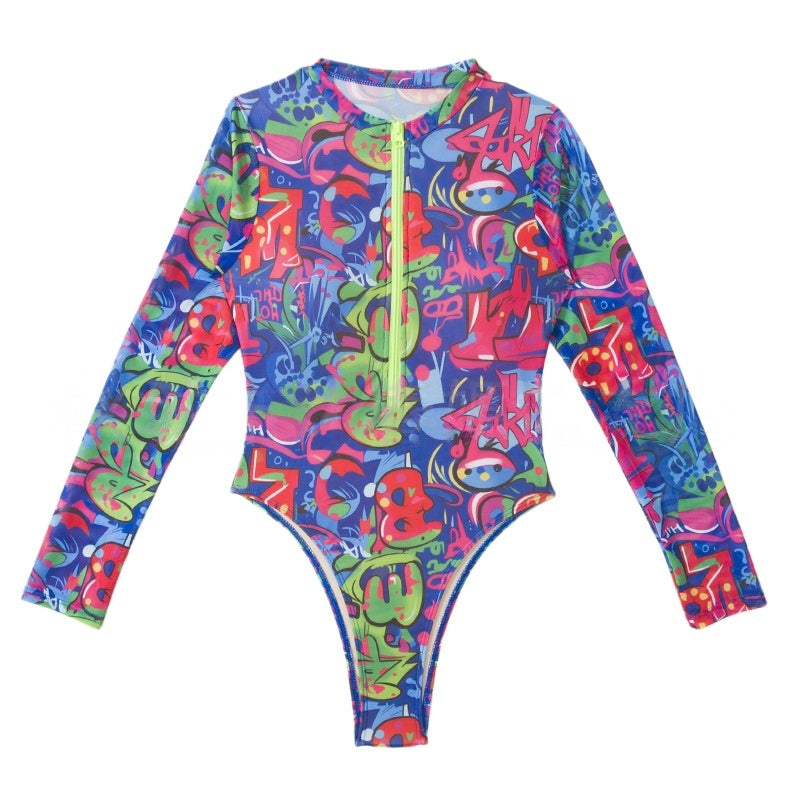 Punk street pattern zip front long sleeve high cut Surf suit