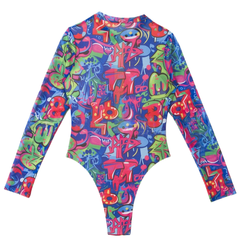 Punk street pattern zip front long sleeve high cut Surf suit