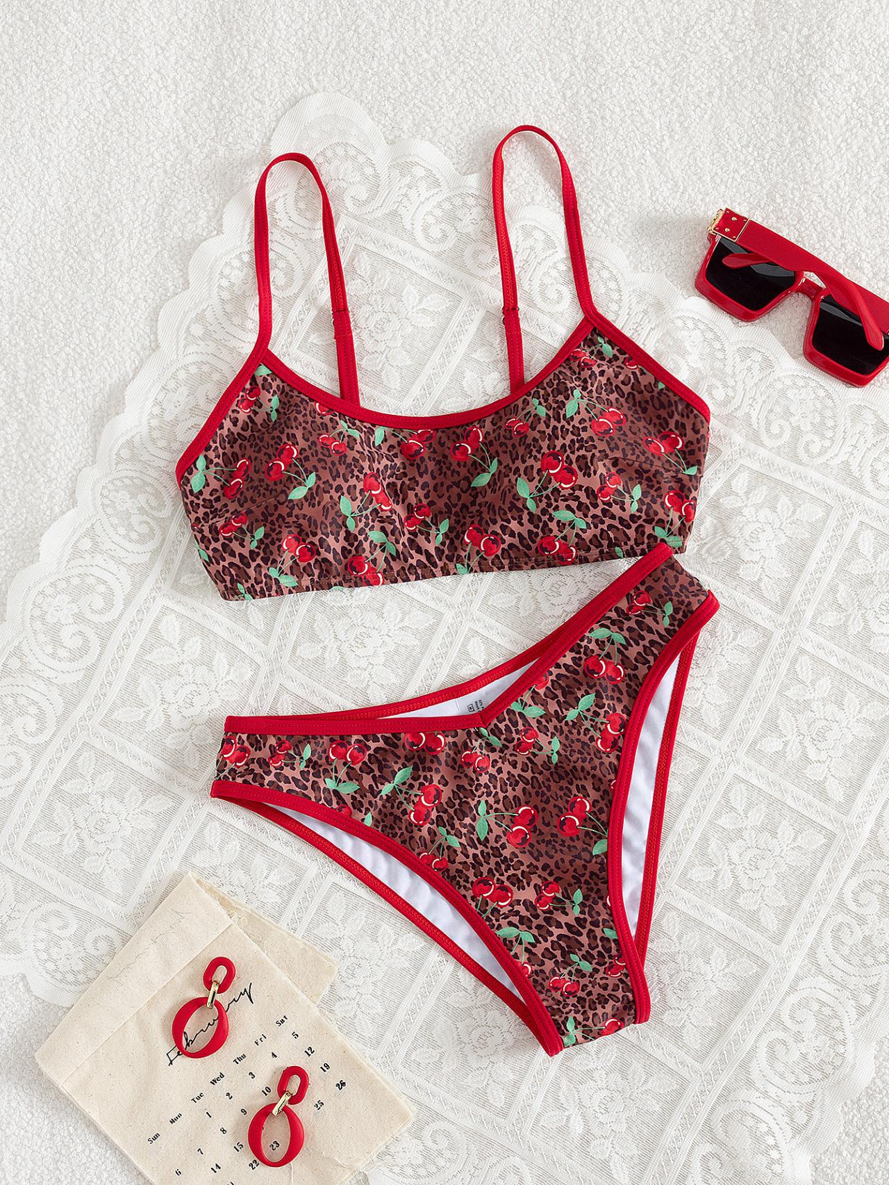 Sweet cheery & Leopard pattern Bandeau Bikini Top surf set