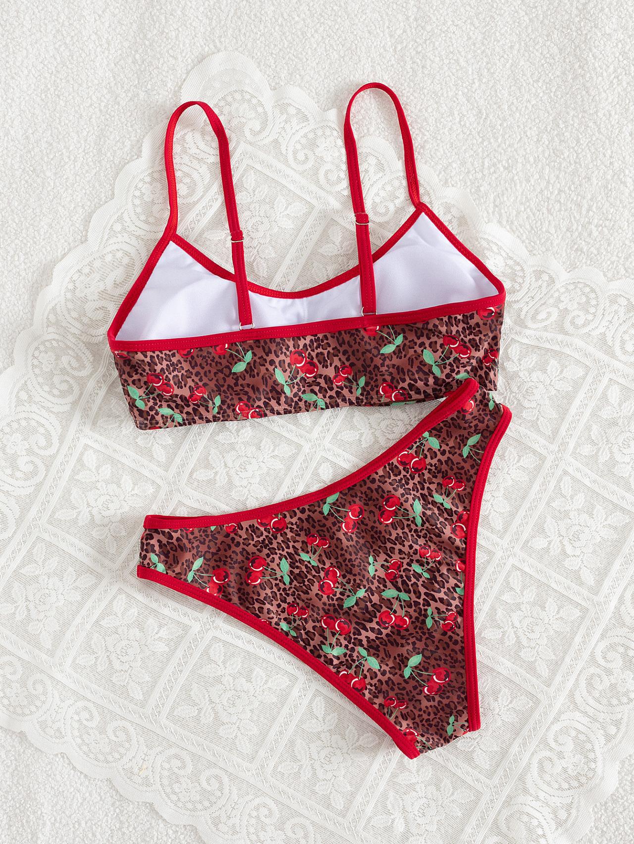 Sweet cheery & Leopard pattern Bandeau Bikini Top surf set