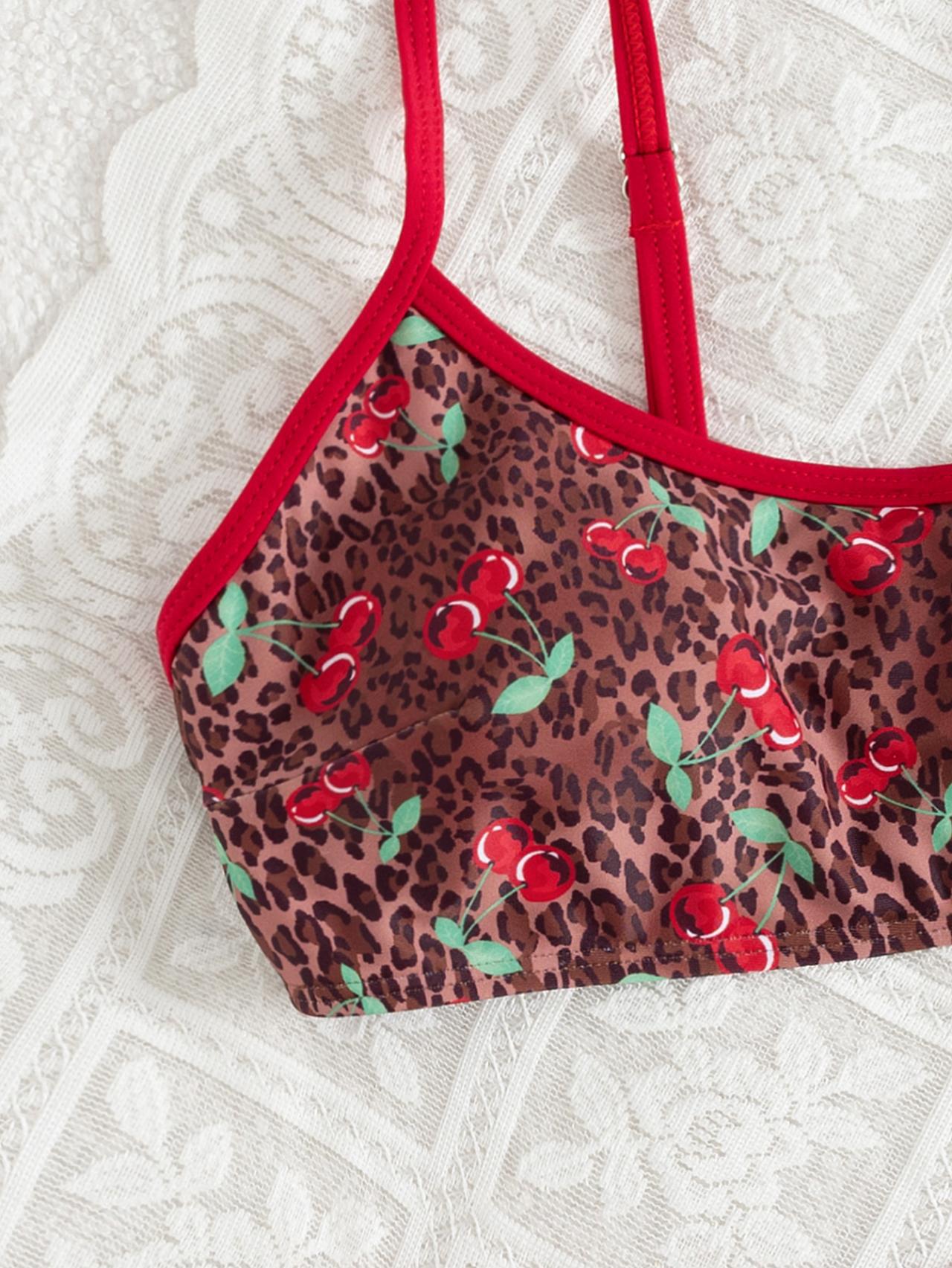 Sweet cheery & Leopard pattern Bandeau Bikini Top surf set