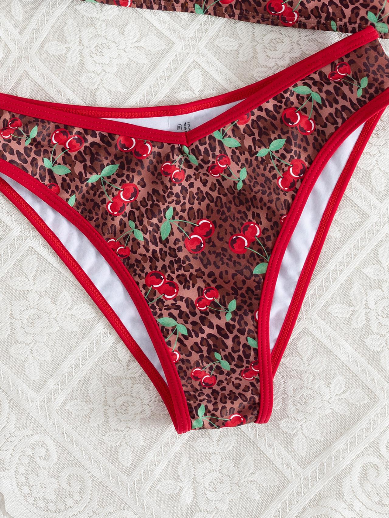 Sweet cheery & Leopard pattern Bandeau Bikini Top surf set