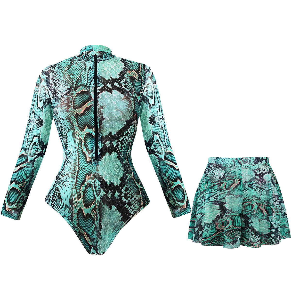 Wild python pattern beach surf long sleeve one piece & skirt set Rash Guard