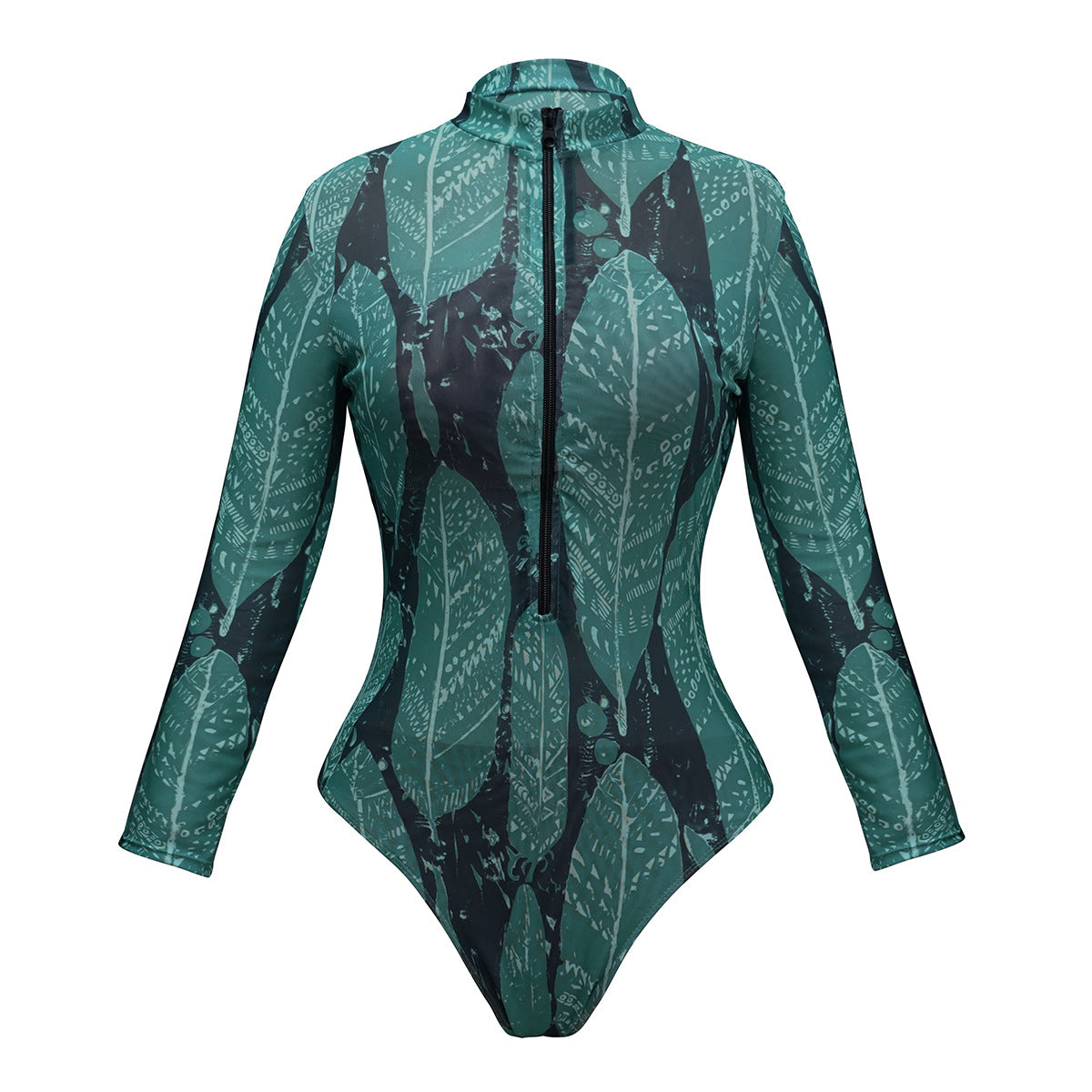 Tropical banana leaves Long-sleeve One-Piece Sheer mesh swimsuit Surf Rashguard