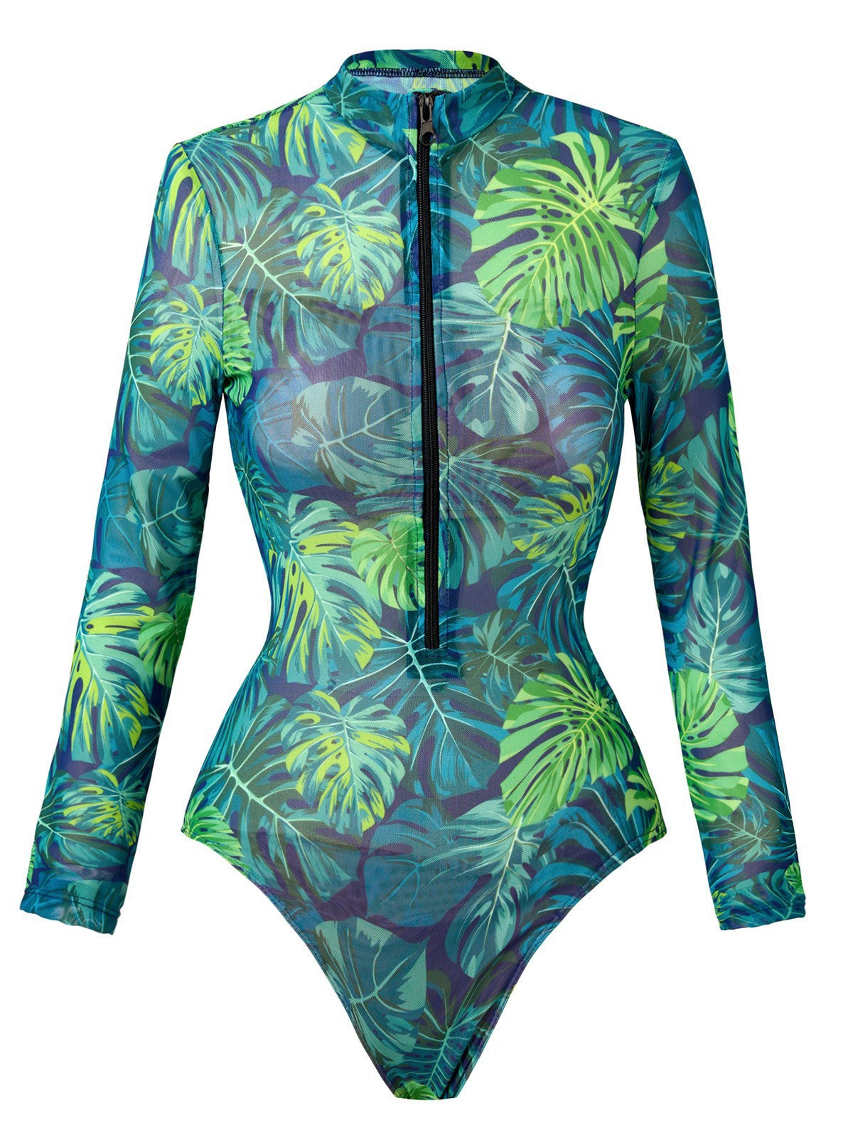 Tropical Monstera Sheer mesh swimsuit Long-sleeve One-Piece Surf Rashguard