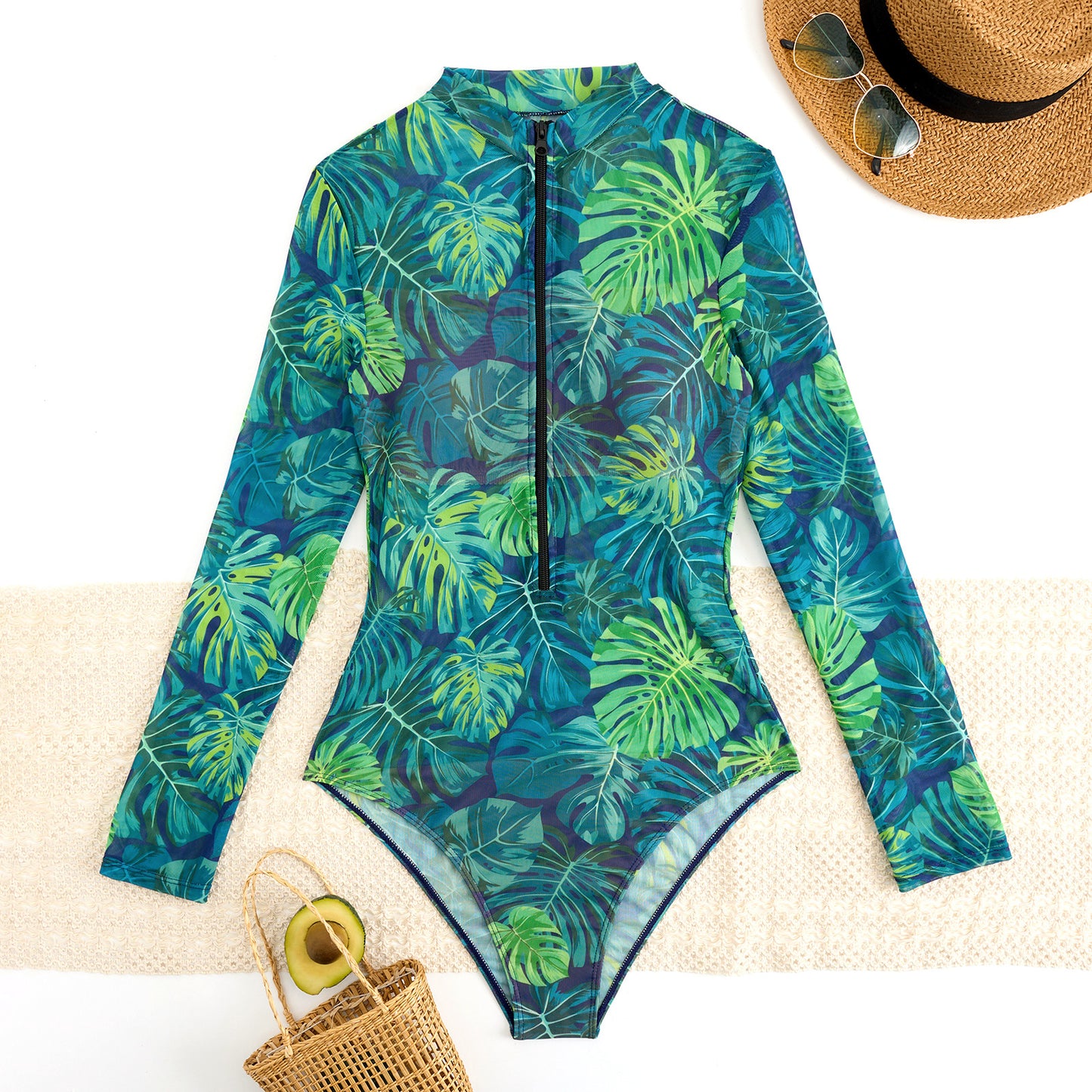 Tropical Monstera Sheer mesh swimsuit Long-sleeve One-Piece Surf Rashguard