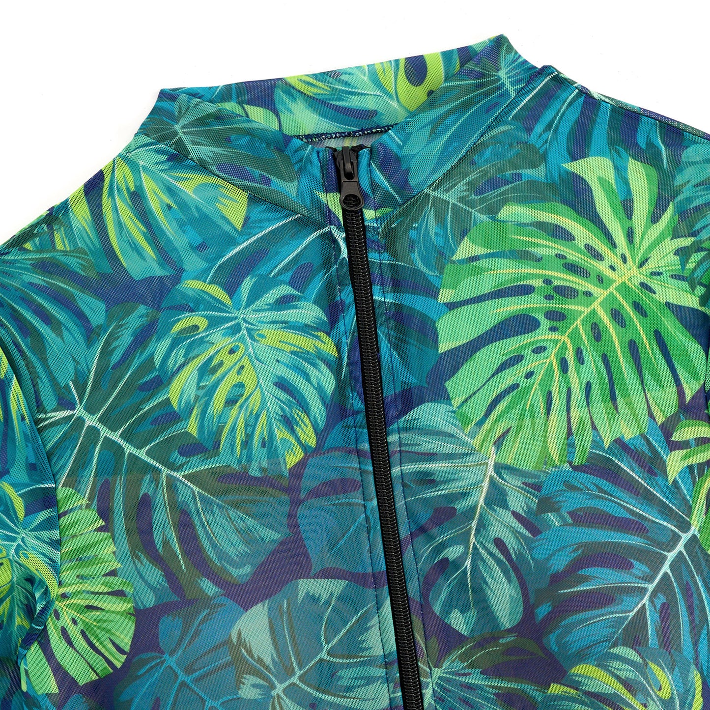 Tropical Monstera Sheer mesh swimsuit Long-sleeve One-Piece Surf Rashguard