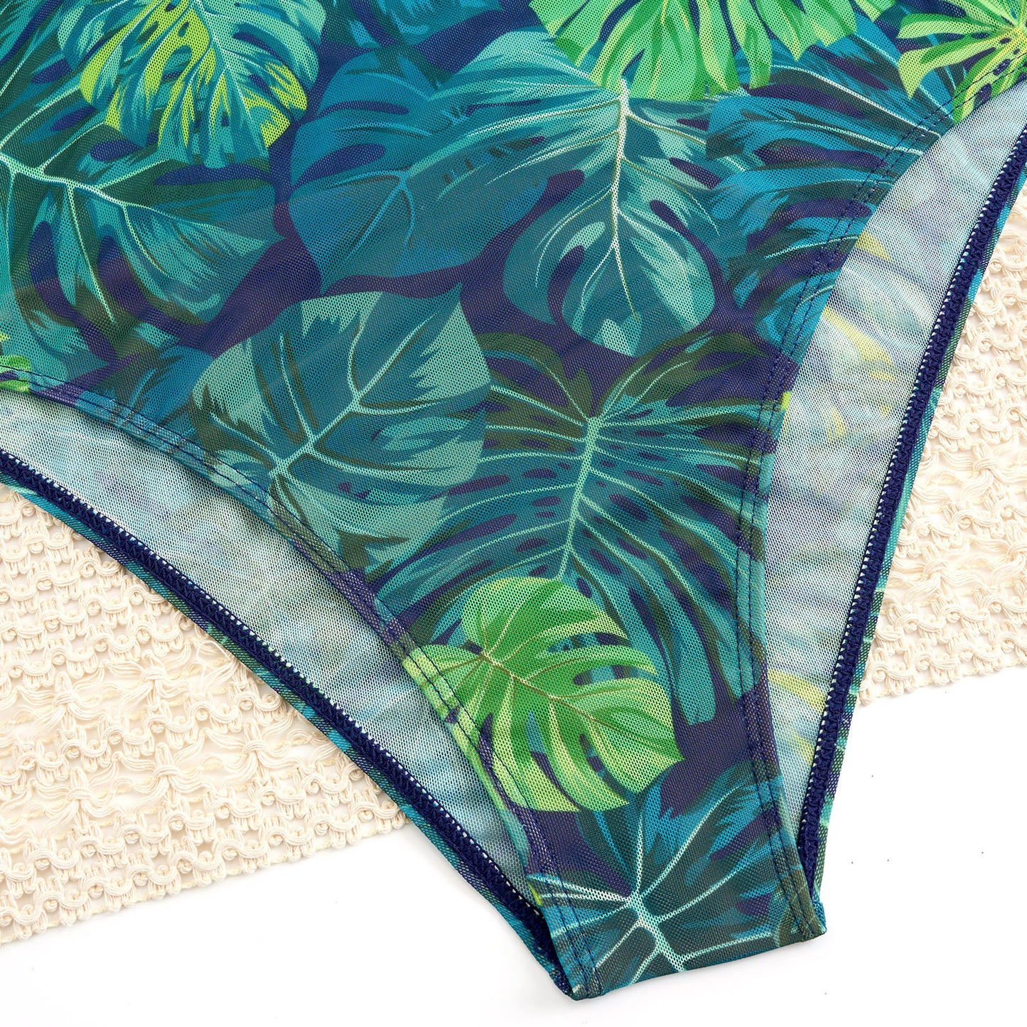 Tropical Monstera Sheer mesh swimsuit Long-sleeve One-Piece Surf Rashguard