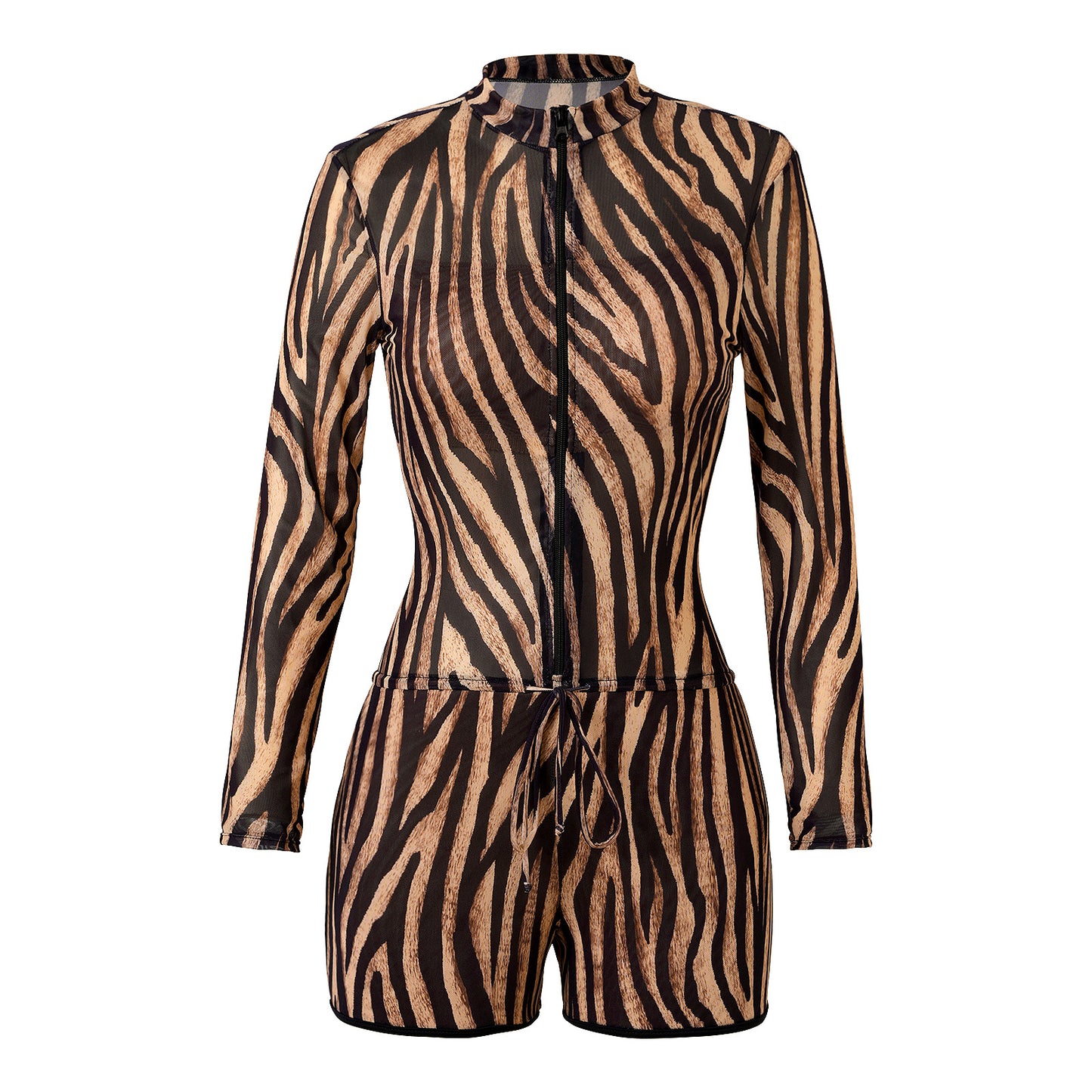 Brown zebra pattern Boyshort bottoms long sleeve One Piece Surf suit